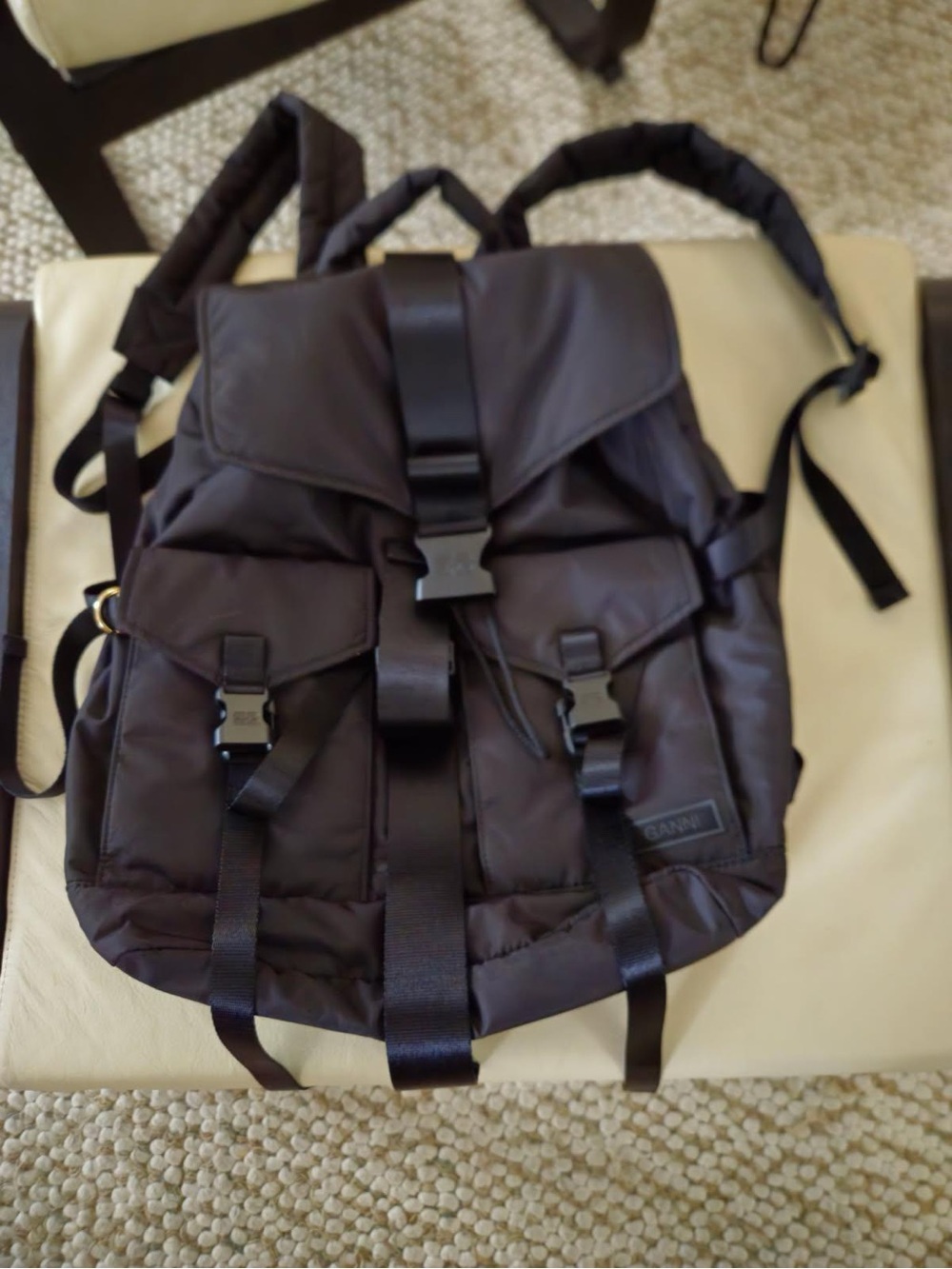 Ganni Men's Quilted Nylon Tech Backpack with Buckle Straps. NWT